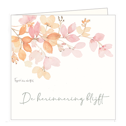 De pasteltinten geven deze dubbele wenskaart met roze take en tekst "De herinnering blijft", goed te gebruiken als condoleancekaart, een zachte uitstraling.